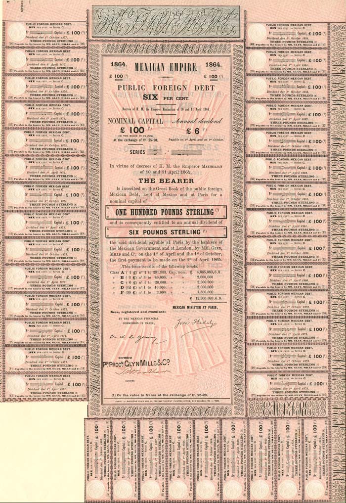 "Maximilian" 1864 dated Mexican Empire £100 British Pounds, 6% Bearer Bond